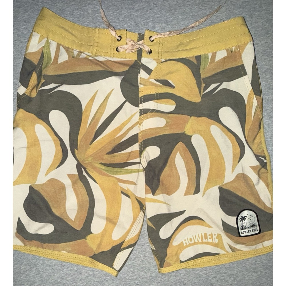 Howler Bros Men's Board Shorts Size 33 Yellow Palm Leaf Camo Swim Suit Trunks